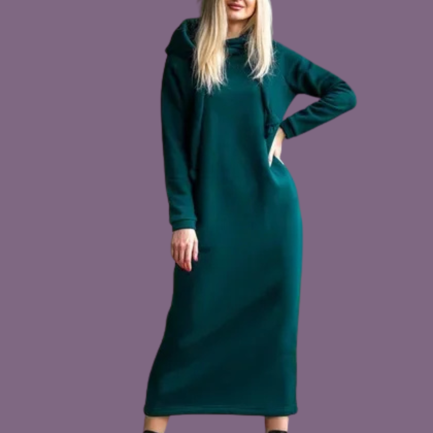Cozy Knitted Velvet Hoodie Dress – Loose Fit Long Winter Dress for Women