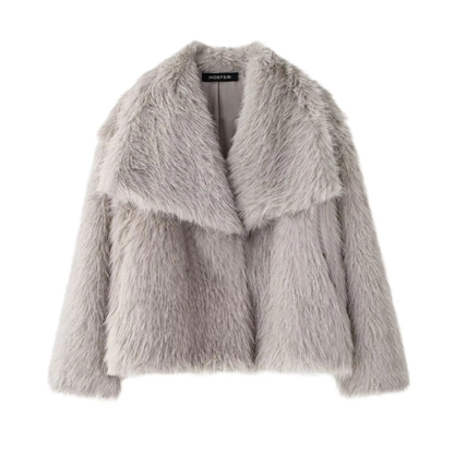 Cropped Faux Fur Jacket for Women – Plush Thick Winter Coat with Snap Buttons & Lapel Collar