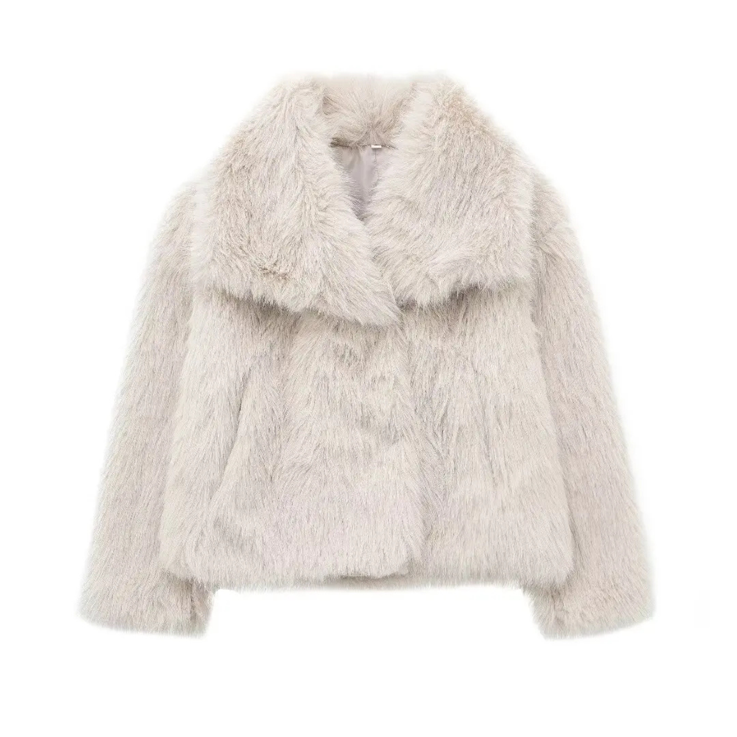 Cropped Faux Fur Jacket for Women – Plush Thick Winter Coat with Snap Buttons & Lapel Collar