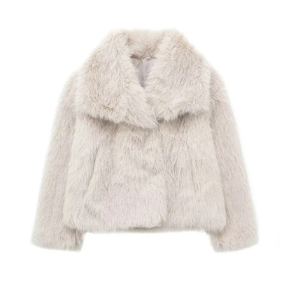 Cropped Faux Fur Jacket for Women – Plush Thick Winter Coat with Snap Buttons & Lapel Collar