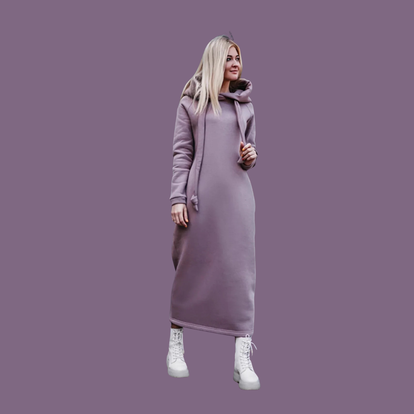 Cozy Knitted Velvet Hoodie Dress – Loose Fit Long Winter Dress for Women