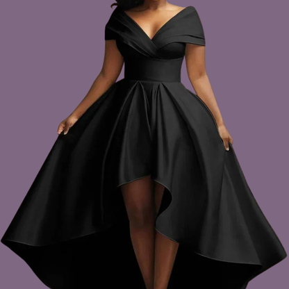 Elegant V-Neck Pleated Evening Dress – High Waist A-Line Long Party Dress for Women