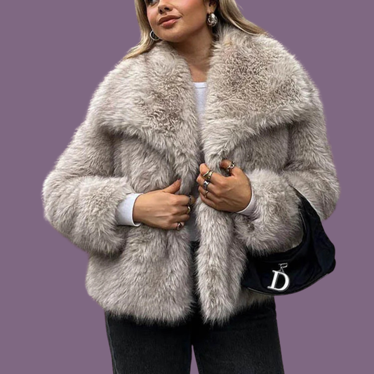 Cropped Faux Fur Jacket for Women – Plush Thick Winter Coat with Snap Buttons & Lapel Collar