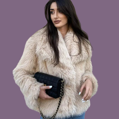 Cropped Faux Fur Jacket for Women – Plush Thick Winter Coat with Snap Buttons & Lapel Collar