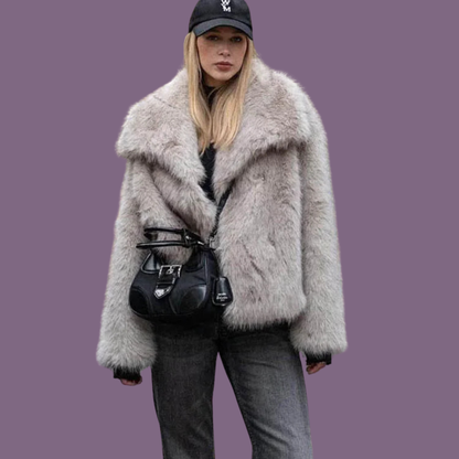 Cropped Faux Fur Jacket for Women – Plush Thick Winter Coat with Snap Buttons & Lapel Collar