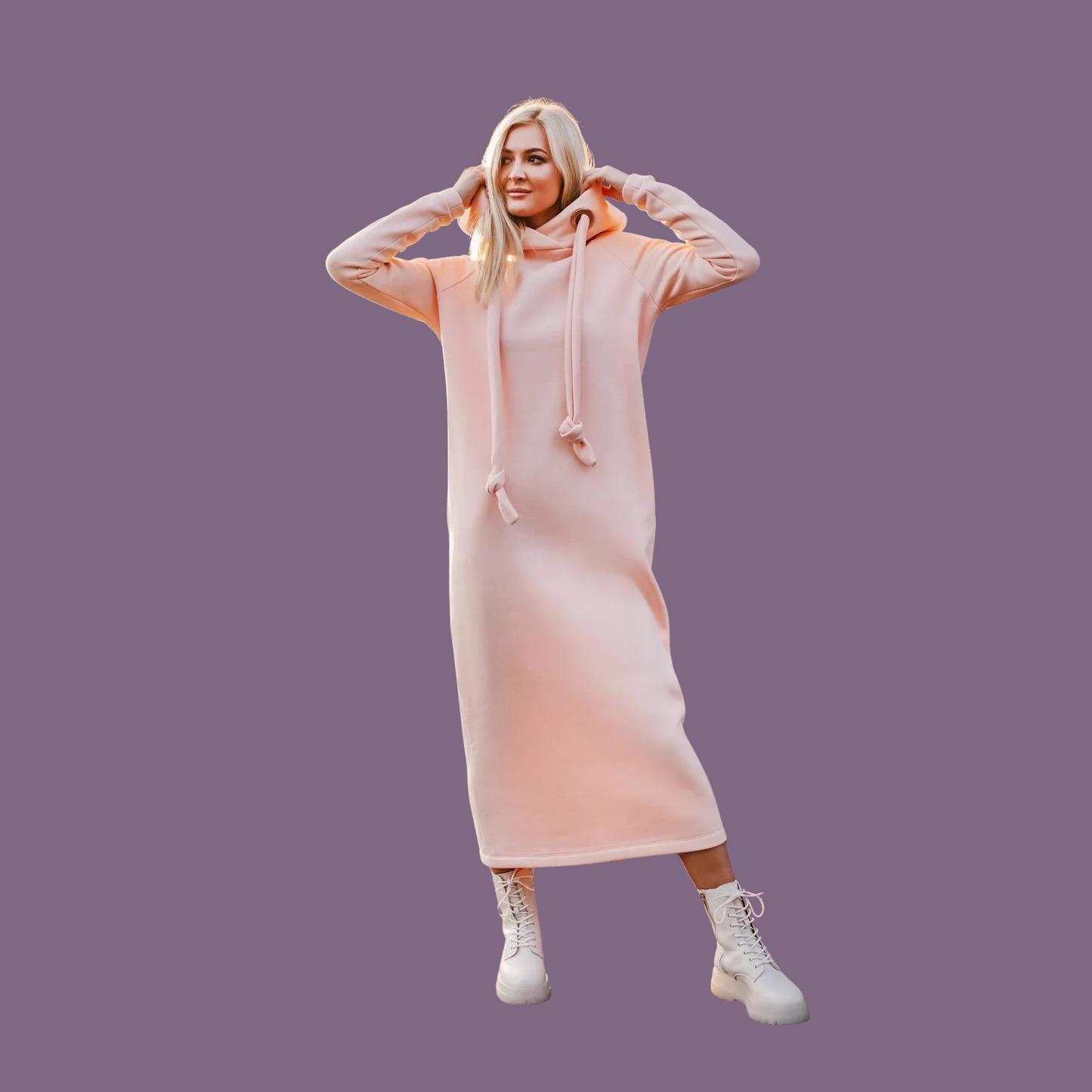 Cozy Knitted Velvet Hoodie Dress – Loose Fit Long Winter Dress for Women