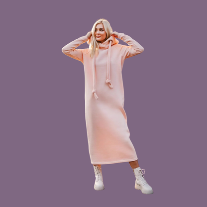 Cozy Knitted Velvet Hoodie Dress – Loose Fit Long Winter Dress for Women