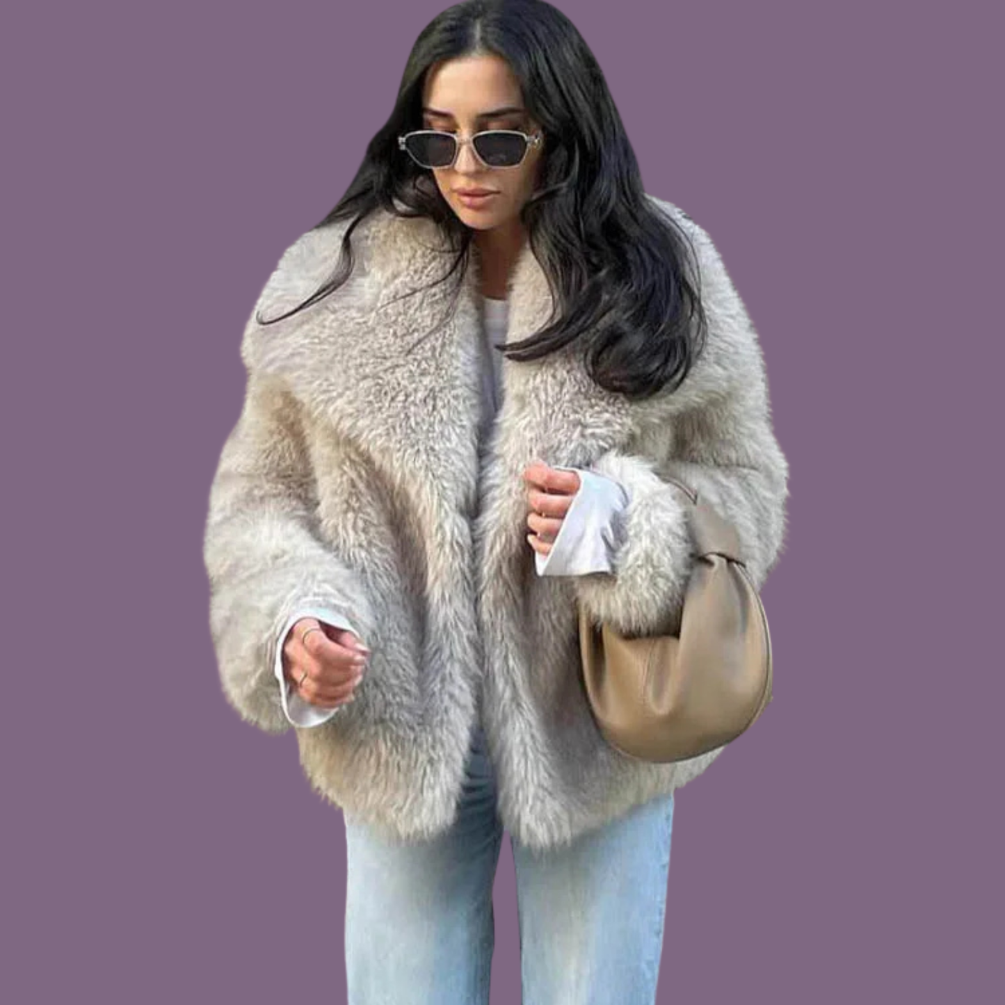 Cropped Faux Fur Jacket for Women – Plush Thick Winter Coat with Snap Buttons & Lapel Collar