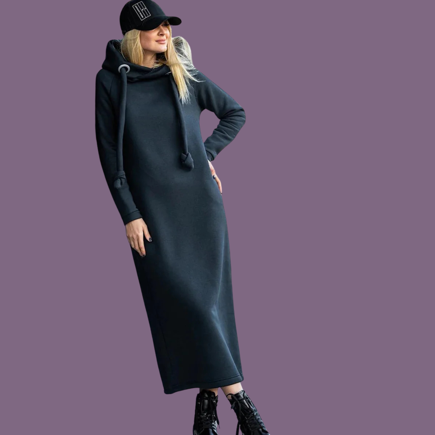 Cozy Knitted Velvet Hoodie Dress – Loose Fit Long Winter Dress for Women