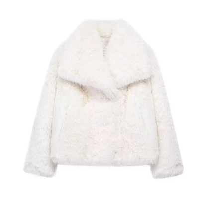Cropped Faux Fur Jacket for Women – Plush Thick Winter Coat with Snap Buttons & Lapel Collar