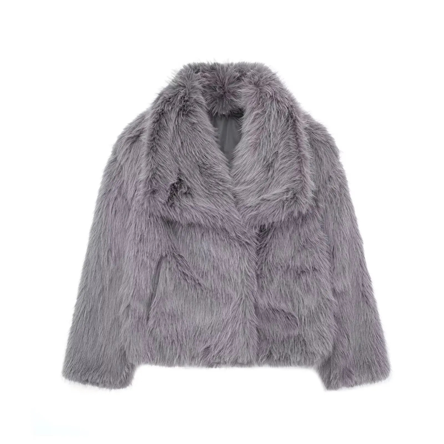 Cropped Faux Fur Jacket for Women – Plush Thick Winter Coat with Snap Buttons & Lapel Collar