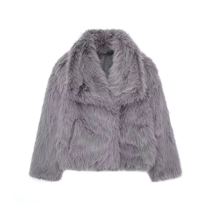 Cropped Faux Fur Jacket for Women – Plush Thick Winter Coat with Snap Buttons & Lapel Collar
